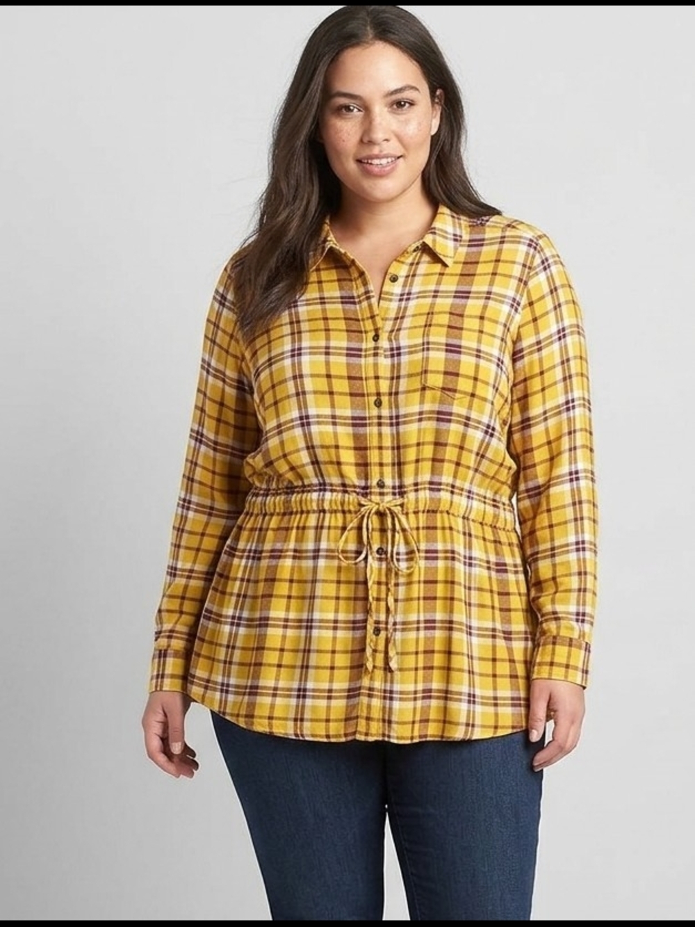 Lane Bryant Plaid Button-Up Tie-Waist Tunic Top Yellow/Burgundy Size 14/16